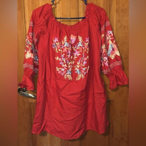 95. Free People Off the Shoulder Red Floral Embroidered Mini Dress Sz medium - Picture 3 of 5